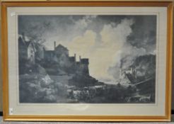A large framed and glazed print of Coalbrookdale. Measures; 69cm x 97cm.