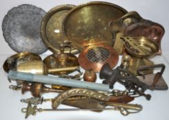 A collection of assorted brass and metalware, including arts and crafts items.