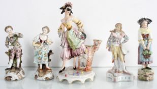 A collection of assorted porcelain and other figures to include Meissen style men and women.