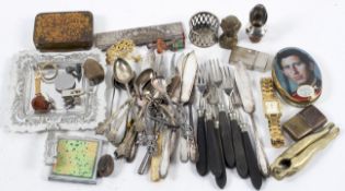 A group of silver plate, to include spoons, forks and a butter dish