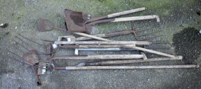 A group of garden tools to include forks