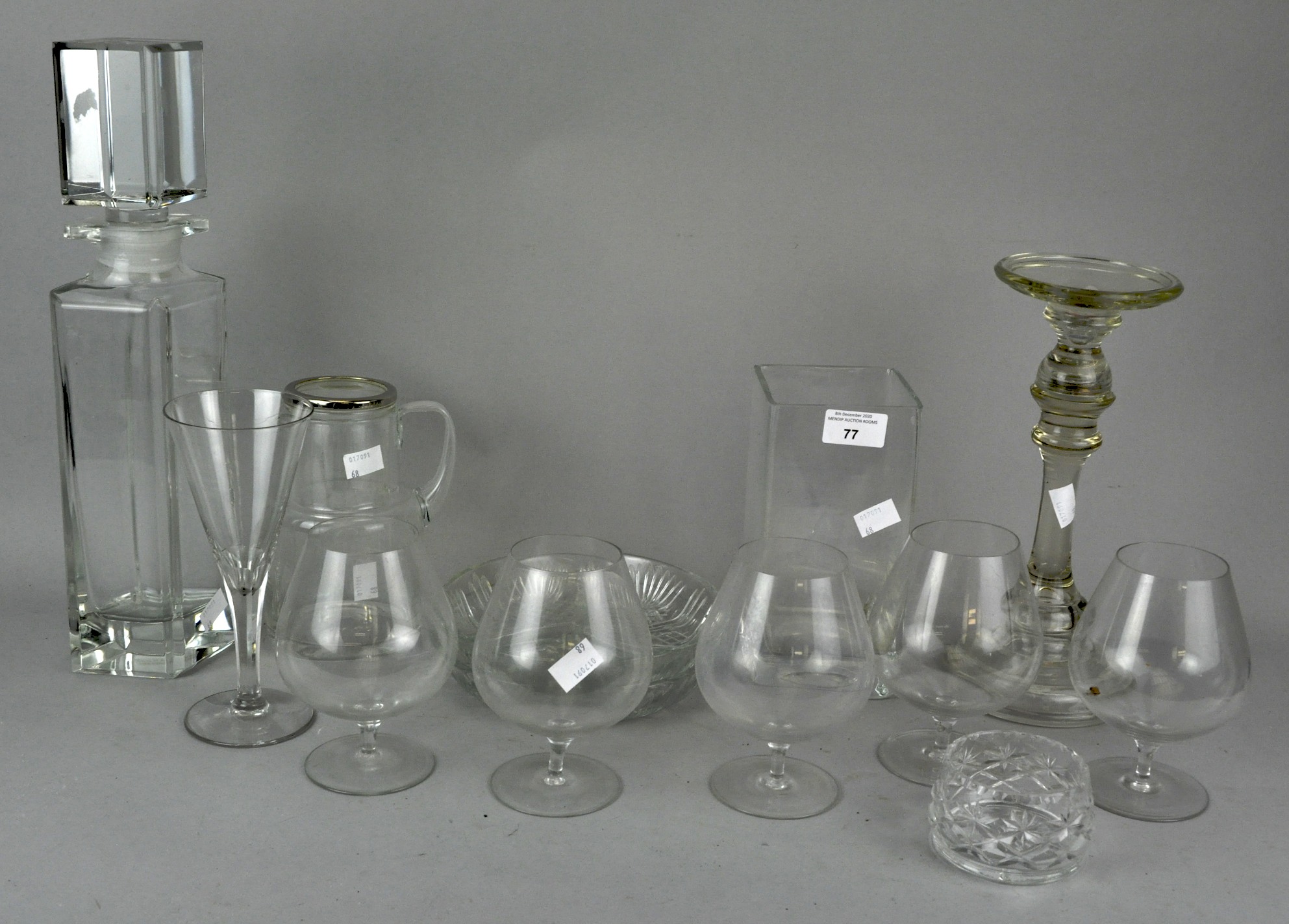 A collection of assorted glass to include vases, glasses and a decanter. Tallest measures; 40cm.