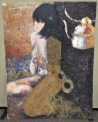 A contemporary mixed media portrait of a seated woman with kitten and mask, un-framed,