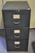 A vintage metal Milner safe Co three drawer index filing cabinet.