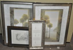 A pair of prints of trees in landscape, and another smaller of a Church, together with a frame,