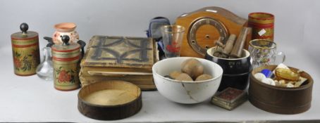 A mixed collection of assorted items to include; mantel clock, Bible and wooden items.