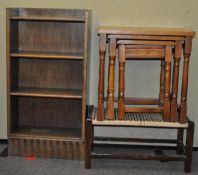 An oak four shelf bookcase, 89cm high x 46cm wide x 19cm deep, with a nest of tables,