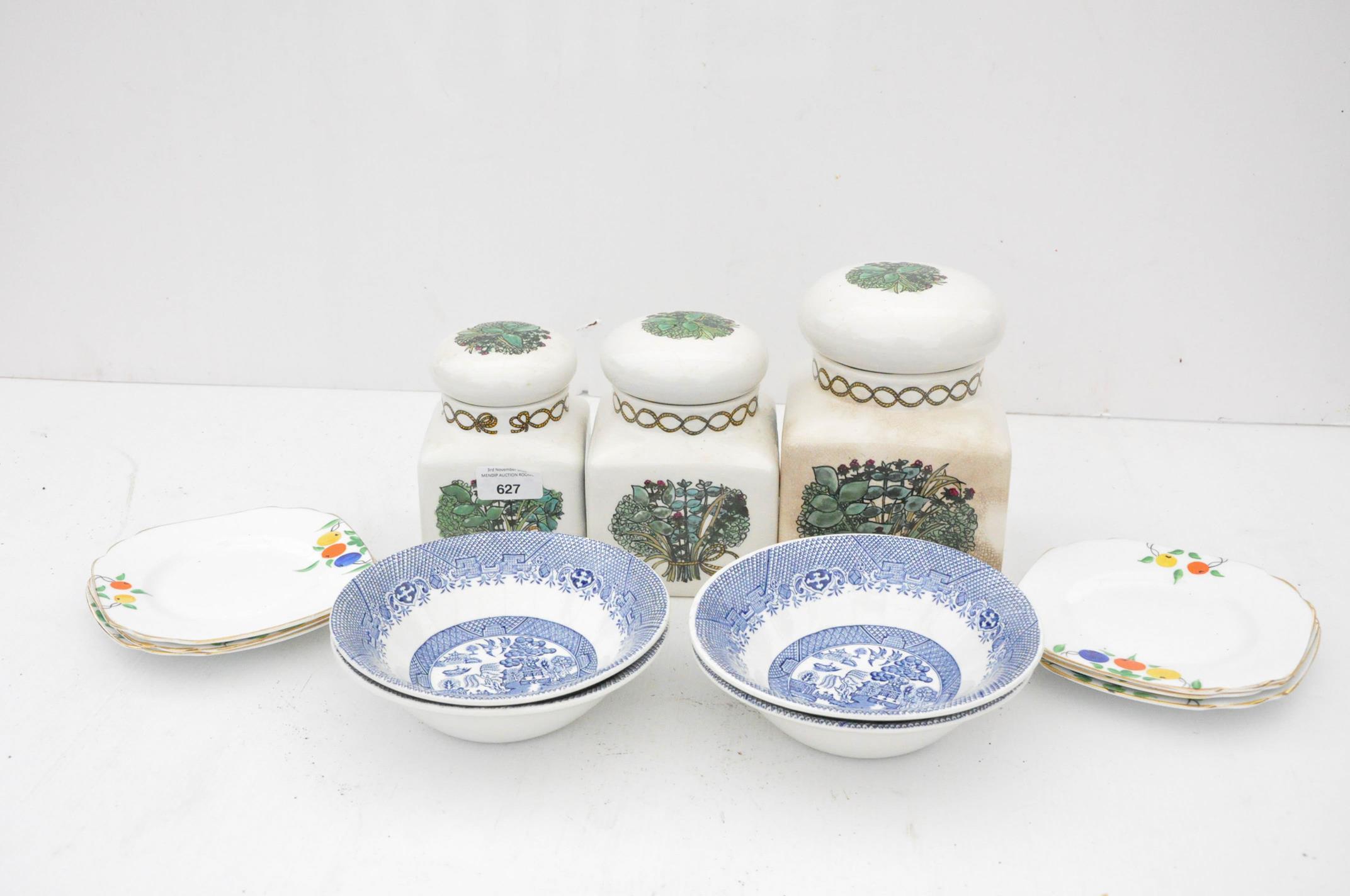 Three Taunton Vale kitchen lidded pots and other ceramics. Tallest measures; 19cm.