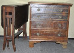 A mahogany and inlaid four drawers chest along with a Sutherland table.