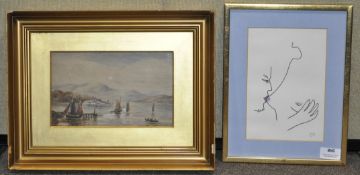 A Victorian watercolour, Sailing boats with distant town, 14cm x 22.