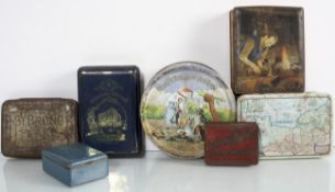 A collection of decorative vintage advertising biscuit tins and other food tins.