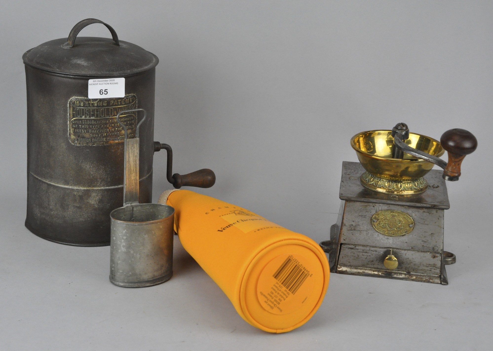 A coffee grinder, a measure and a Mortons whisk. Tallest measures; 24cm.