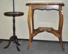 A shaped oak occasional table 76cm high x 60cm wide x 45cm deep together with a mahogany wine table