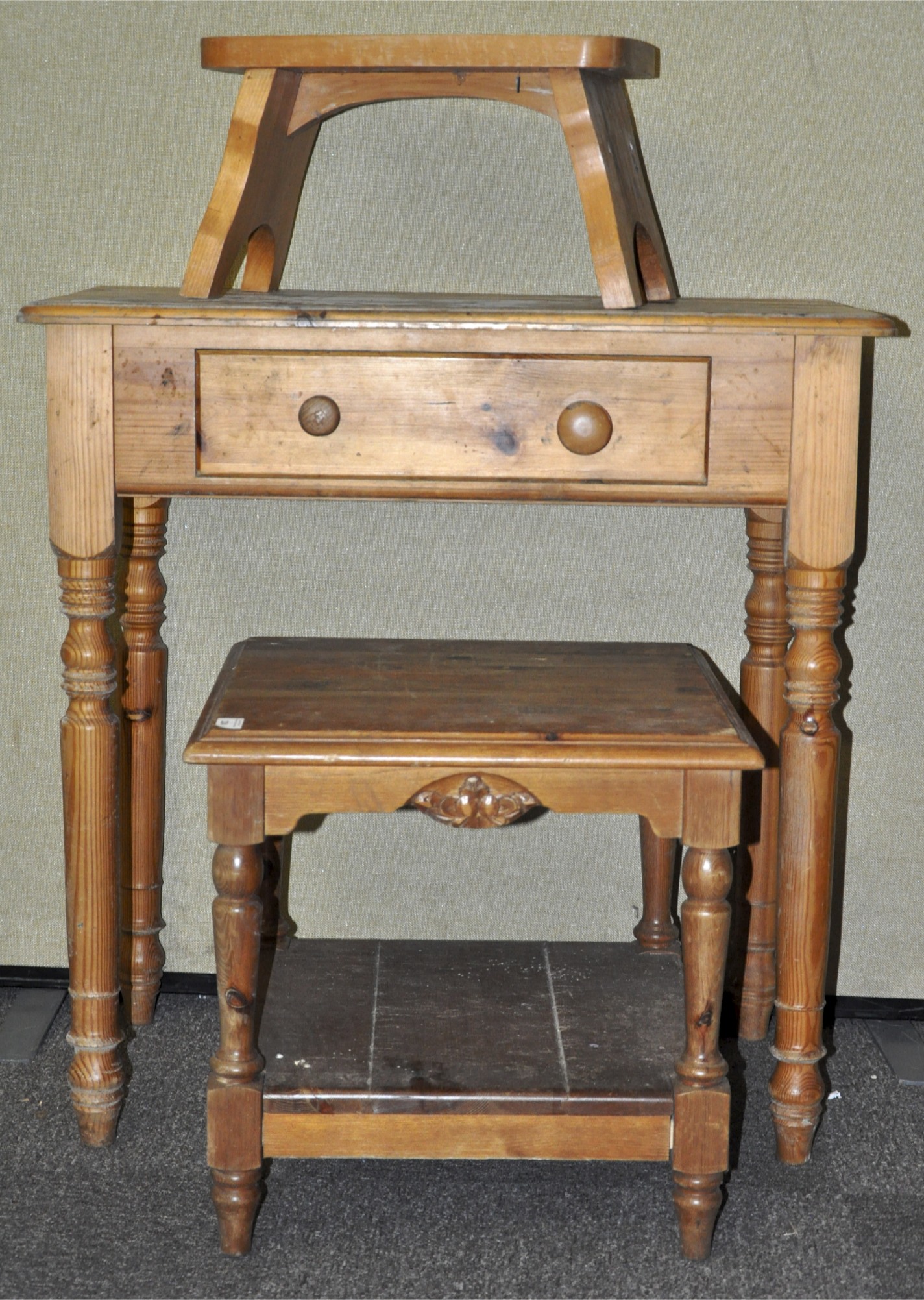 A country pine hall table with drawer along with a pine sofa table and small footstool.