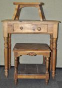 A country pine hall table with drawer along with a pine sofa table and small footstool.