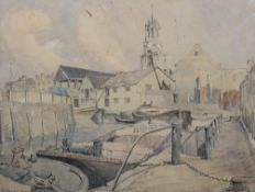 Maxwell Ayrton (British 1874-1960), 'Moored Barges - St Anne's Church, Limehouse, London',