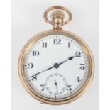 An open face pocket watch. Circular white dial with numerical markings.