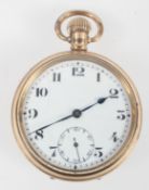 An open face pocket watch. Circular white dial with numerical markings.