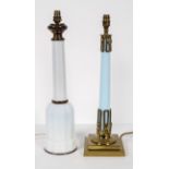 A gilt metal and milk glass lamp base, of faceted mallet form, 57cm high,