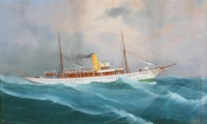 School of de Simone, gouache, 20th century, painted with a steam yacht named 'St Serf' riding waves,