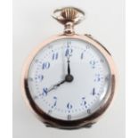 A small size open face pocket watch. Circular white dial with numerical markings.