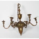 An early 20th century six branch brass hanging ceiling light,