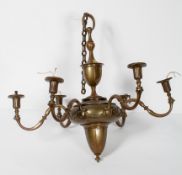 An early 20th century six branch brass hanging ceiling light,