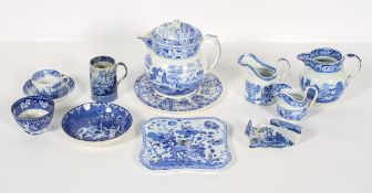 A collection of blue transfer printed wares, 19th century, Spode and others,