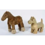 A Merrythought dog and a horse, early 20th century, the dog with label to paw,