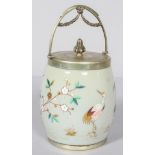 A silver plated opaline glass biscuit barrel and cover, circa 1890,