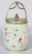 A silver plated opaline glass biscuit barrel and cover, circa 1890,