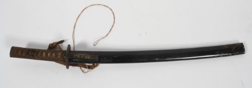 A Japanese Wakizashi sword, with 52cm blade, iron Tsuba with figures, heightened in gilt,
