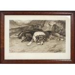 Wright Barker, signed mezzotint, 1896, two recumbent Border collies, framed,
