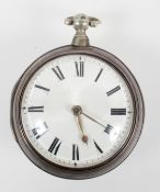 A pair cased open face pocket watch, key wound movement, circular white dial with roman numerals.