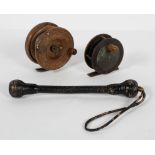 A 3 1/2" wooden fishing reel; a 3" bakelite reel and a cosh,