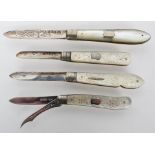 An engraved silver bladed mother of pearl handled fruit knife, Sheffield 1905,