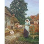 C H Walker, A Milkmaid in a Farmyard, oil on canvas, signed lower right,