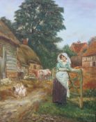 C H Walker, A Milkmaid in a Farmyard, oil on canvas, signed lower right,