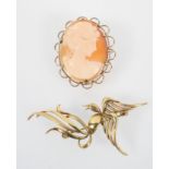 A yellow metal cameo brooch with floral mount, hallmarked 9ct gold, Birmingham,