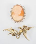 A yellow metal cameo brooch with floral mount, hallmarked 9ct gold, Birmingham,