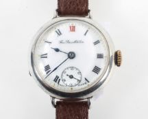 A stainless steel Thos Russel & Son wristwatch. Circular white dial with roman numerals.