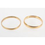 Two yellow gold wedding rings, 2.00mm size R / 3.00mm size M. Both hallmarked 22ct gold.