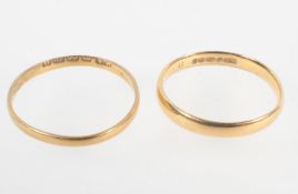 Two yellow gold wedding rings, 2.00mm size R / 3.00mm size M. Both hallmarked 22ct gold.