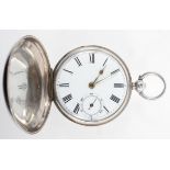 A full hunter pocket watch. Circular white dial with roman numerals.