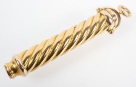 A yellow metal propelling pencil of wrythen form, marked 15ct, marked for Lunn of Cornhill, London,