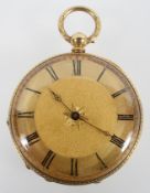 An open face pocket watch. Circular gold dial with roman numerals.