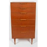 A 1960's teak chest of drawers, with six long graduated drawers, with turned handles,
