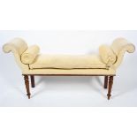 A George III style mahogany stool, scroll ends, upholstered in pale yellow chenille,