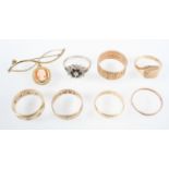 A collection of jewellery to include: Five yellow metal wedding rings of variable designs,