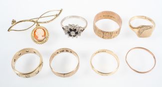 A collection of jewellery to include: Five yellow metal wedding rings of variable designs,